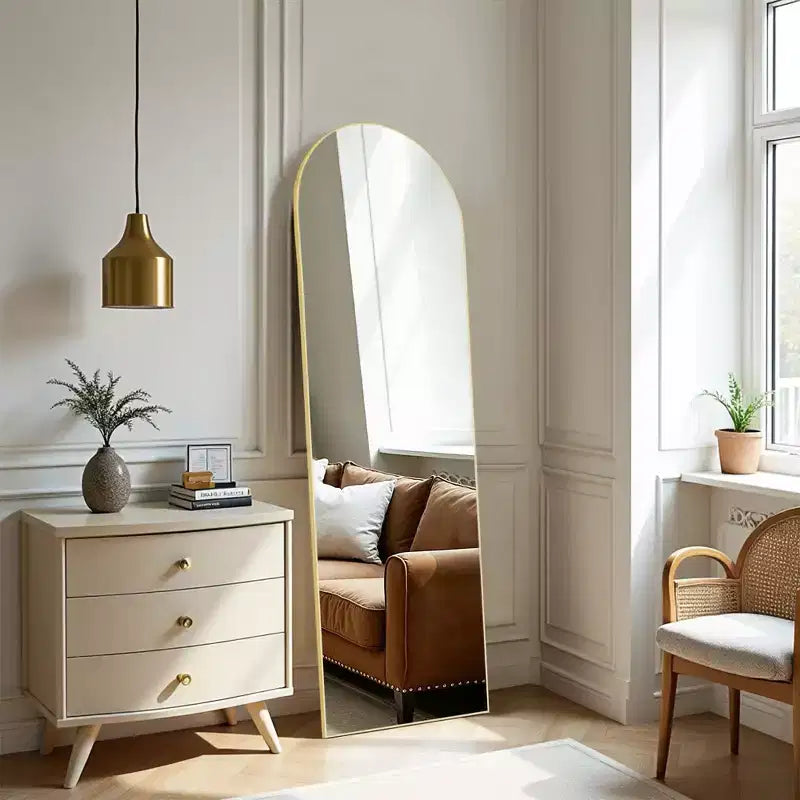 64 Inch Arched Right Angle Floor Standing Full-Length Mirror, Wall Mirror with Bracket Aluminum Alloy Thin Frame