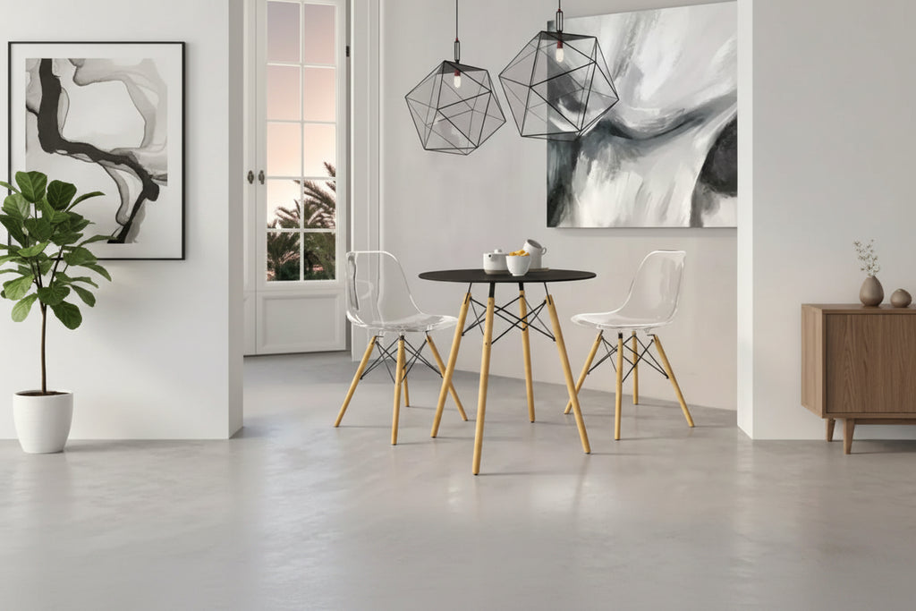 Tavolo Bistro Rotondo da 78,74 cm - Tavolo da Pranzo Moderno di Metà Secolo con Piano in Vetro Temperato o Legno MDF e Base Eiffel in Legno Naturale