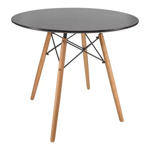 LeisureMod Dover 31-Inch Round Bistro Table - Mid-Century Modern Dining Table with Tempered Glass or MDF Wood Top and Natural Wood Eiffel Base