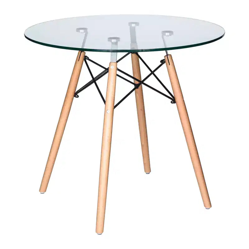 LeisureMod Dover 31-Inch Round Bistro Table - Mid-Century Modern Dining Table with Tempered Glass or MDF Wood Top and Natural Wood Eiffel Base