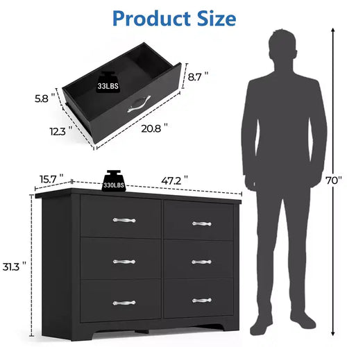 6-Drawer Wooden Dresser Horizontal Natural Finish MDF Bedroom Furniture
