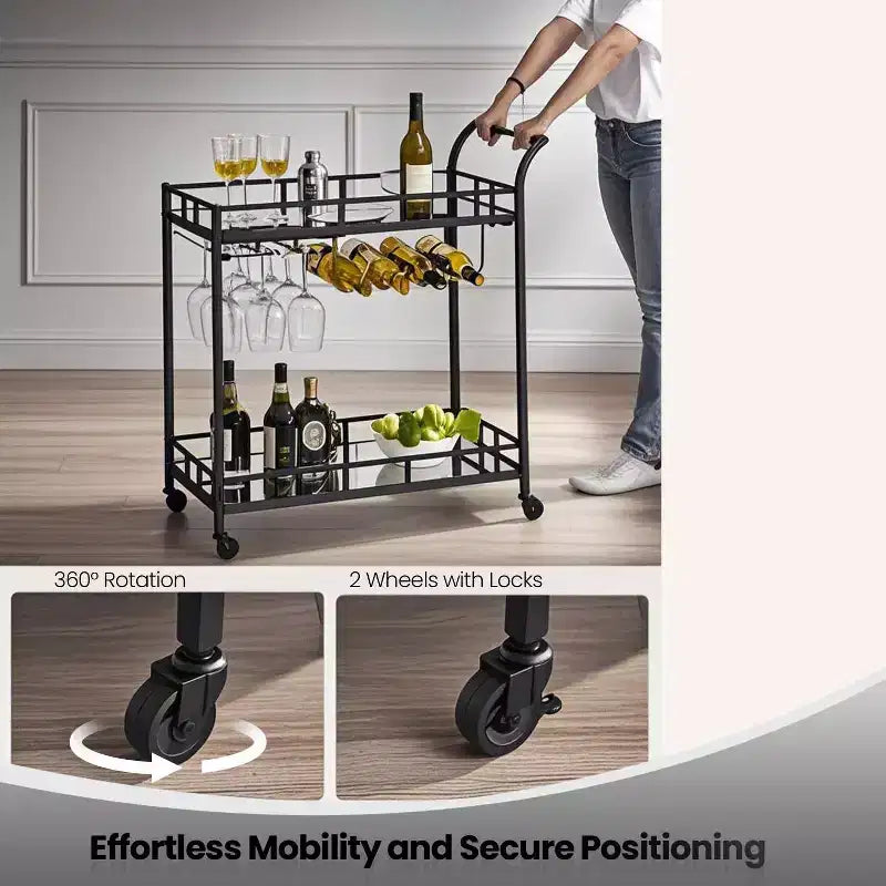 LEDREM Bar Cart , Home Bar Serving Cart, Wine Cart With 2 Mirrored Shelves, Wine Holders, Glass Holders, For Kitchen, Dining Room