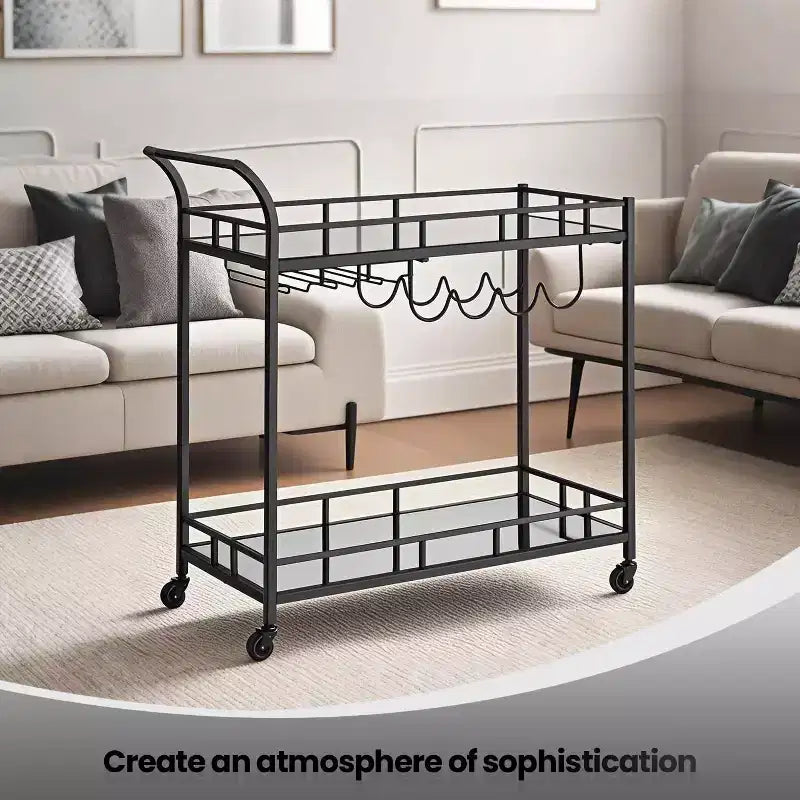 LEDREM Bar Cart , Home Bar Serving Cart, Wine Cart With 2 Mirrored Shelves, Wine Holders, Glass Holders, For Kitchen, Dining Room