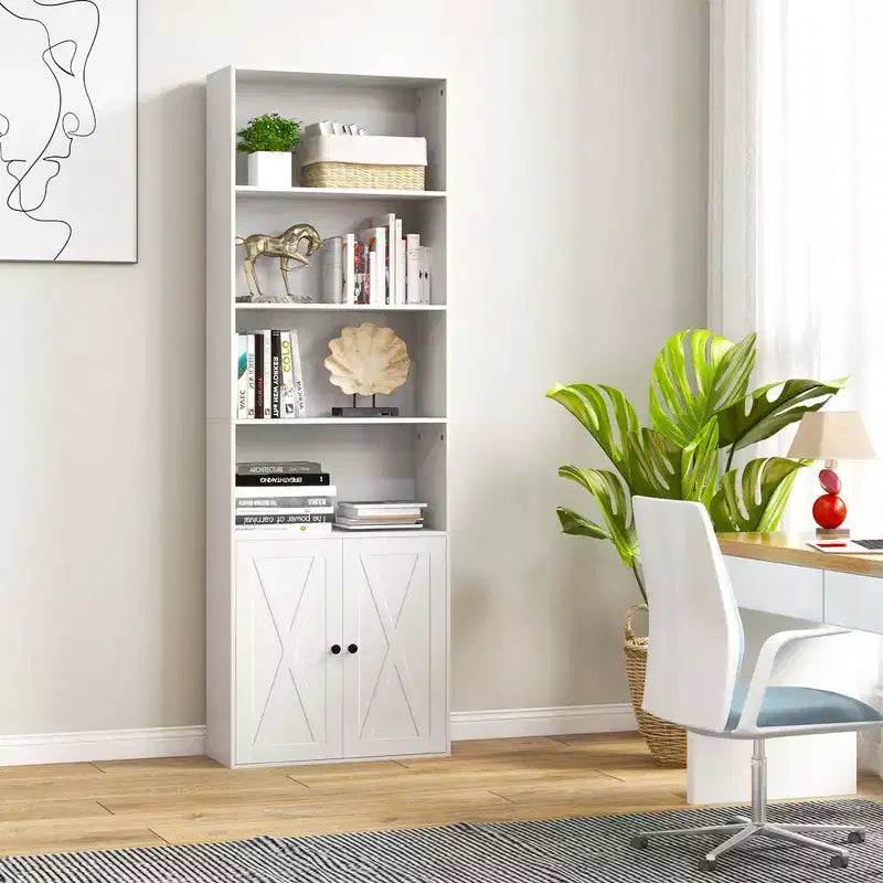 Costway 71 Farmhouse Bookcase with Doors with 6 Shelves & 2-Door Cabinet for Bedroom White/Black
