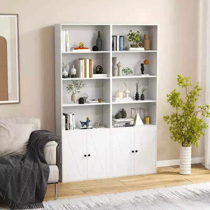 Costway 71 Farmhouse Bookcase with Doors with 6 Shelves & 2-Door Cabinet for Bedroom White/Black