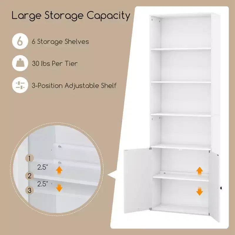 Costway 71 Farmhouse Bookcase with Doors with 6 Shelves & 2-Door Cabinet for Bedroom White/Black