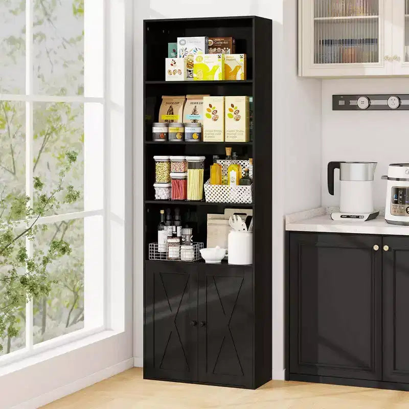 Costway 71 Farmhouse Bookcase with Doors with 6 Shelves & 2-Door Cabinet for Bedroom White/Black