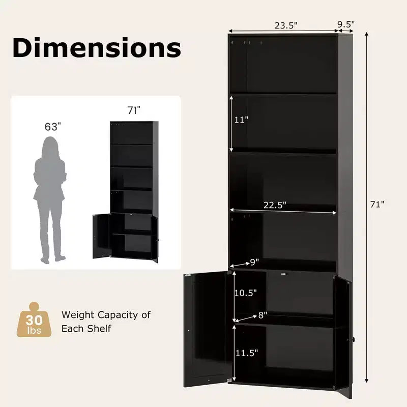 Costway 71 Farmhouse Bookcase with Doors with 6 Shelves & 2-Door Cabinet for Bedroom White/Black