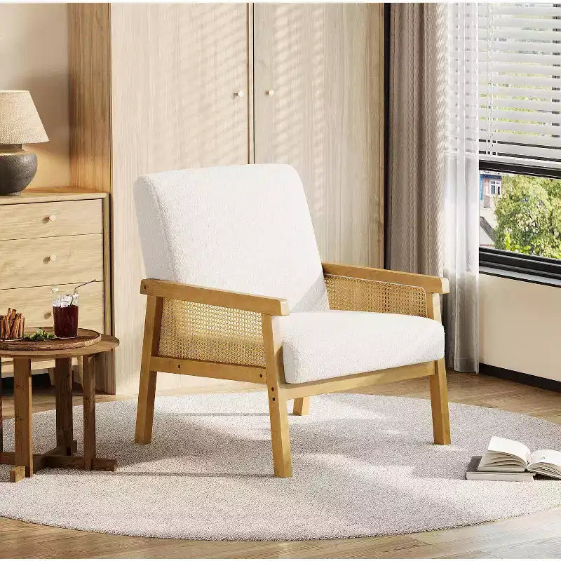 Modern High Back Wood Frame Accent Chair with 300lb Capacity - Upholstered Rattan or PU Leather Armchair for Living Room