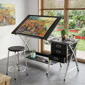 Tavolo da Disegno Regolabile con Sgabello, Tavolo da Disegno con Piano Inclinabile e 3 Cassetti, Postazione da Lavoro per Studio di Pittura, Scrivania d'Arte per il Disegno