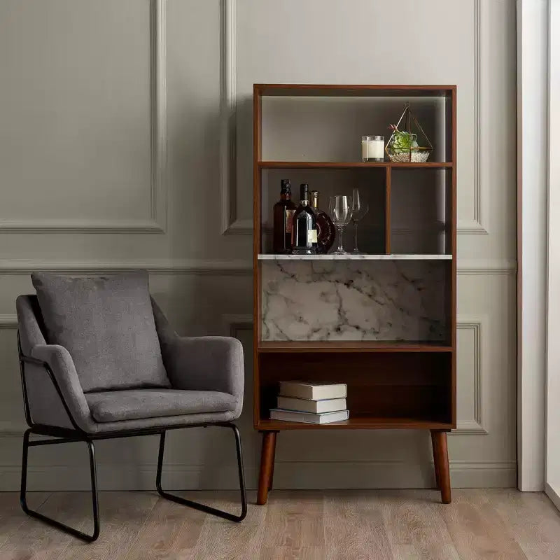 58" Kingston Bookshelf with Faux Marble Top Solid Wood Leg Walnut - Teamson Home: Mid-Century Storage, 4 Open Shelves