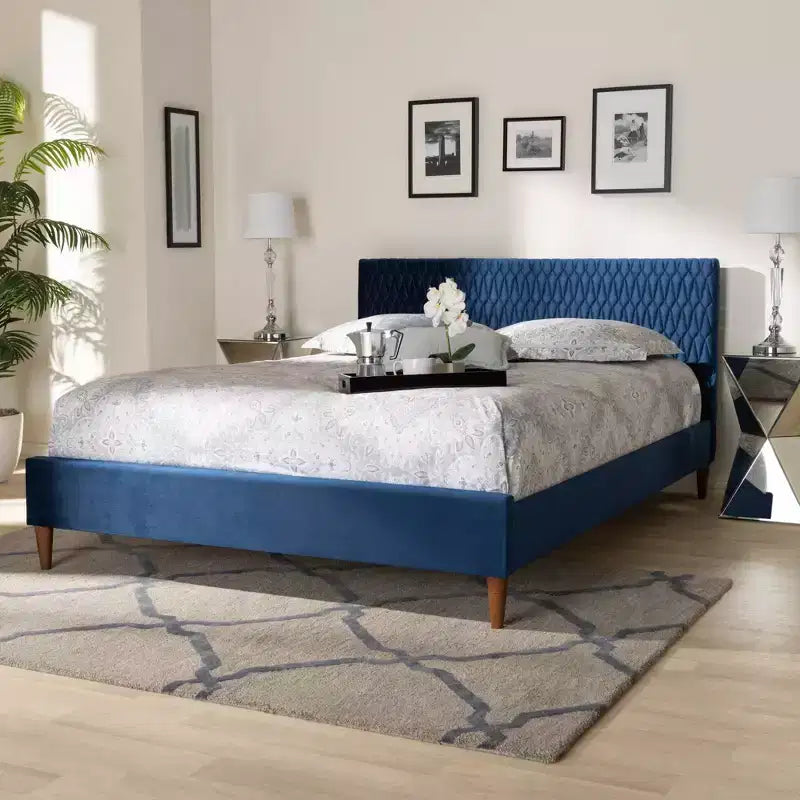 Queen Frida Platform Bed Navy Blue - Baxton Studio: Mid-Century Design, Tapered Legs, Velvet Upholstery