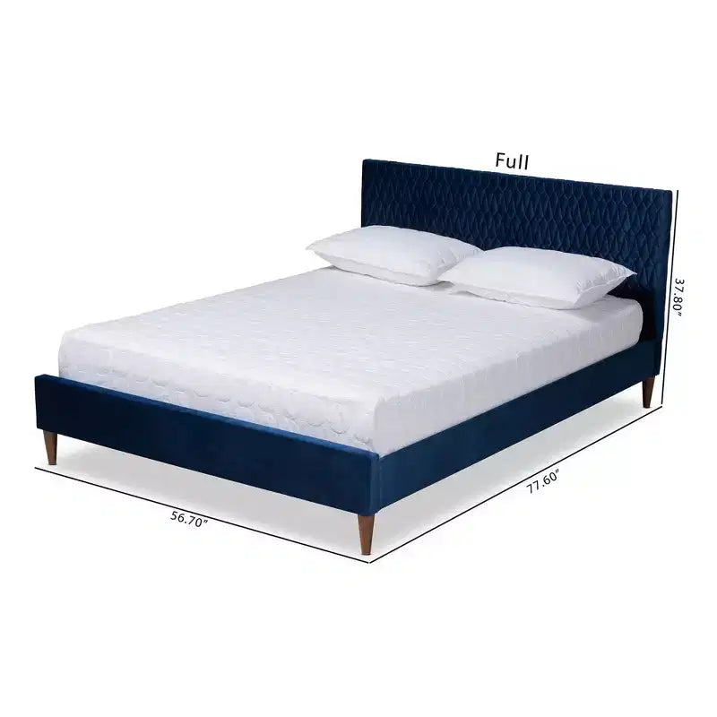 Queen Frida Platform Bed Navy Blue - Baxton Studio: Mid-Century Design, Tapered Legs, Velvet Upholstery