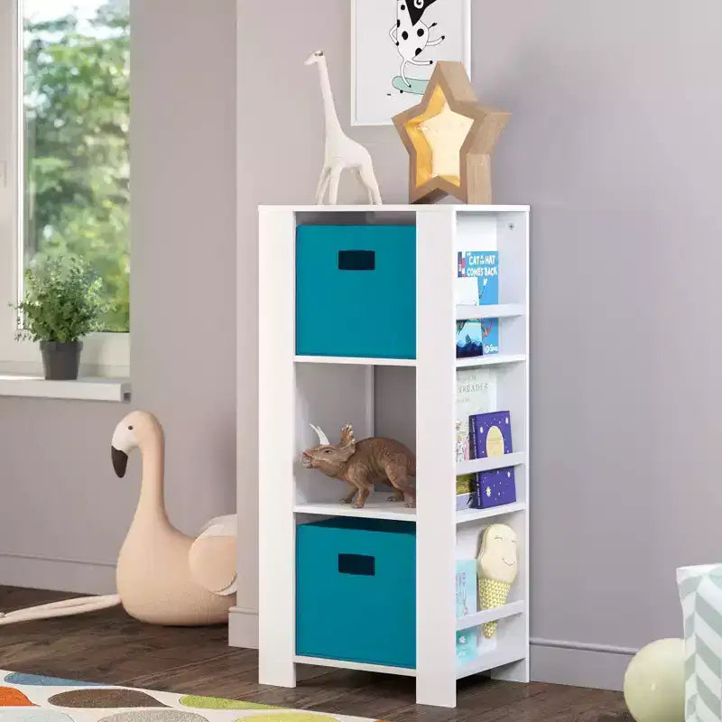 RiverRidge Kids' Bookshelf and Toy Organizer Tower with 3 Cubbies and 6 Bookracks White with 2 Fabric Bins