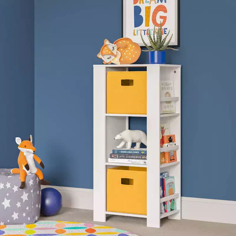RiverRidge Kids' Bookshelf and Toy Organizer Tower with 3 Cubbies and 6 Bookracks White with 2 Fabric Bins