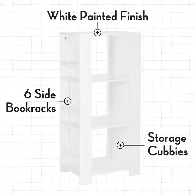 RiverRidge Kids' Bookshelf and Toy Organizer Tower with 3 Cubbies and 6 Bookracks White with 2 Fabric Bins