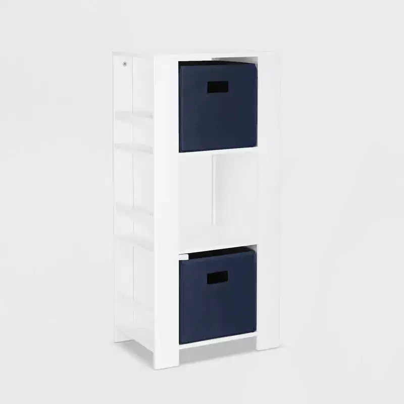 RiverRidge Kids' Bookshelf and Toy Organizer Tower with 3 Cubbies and 6 Bookracks White with 2 Fabric Bins