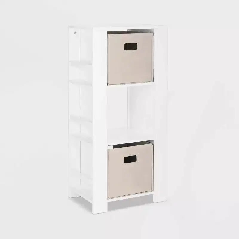 RiverRidge Kids' Bookshelf and Toy Organizer Tower with 3 Cubbies and 6 Bookracks White with 2 Fabric Bins