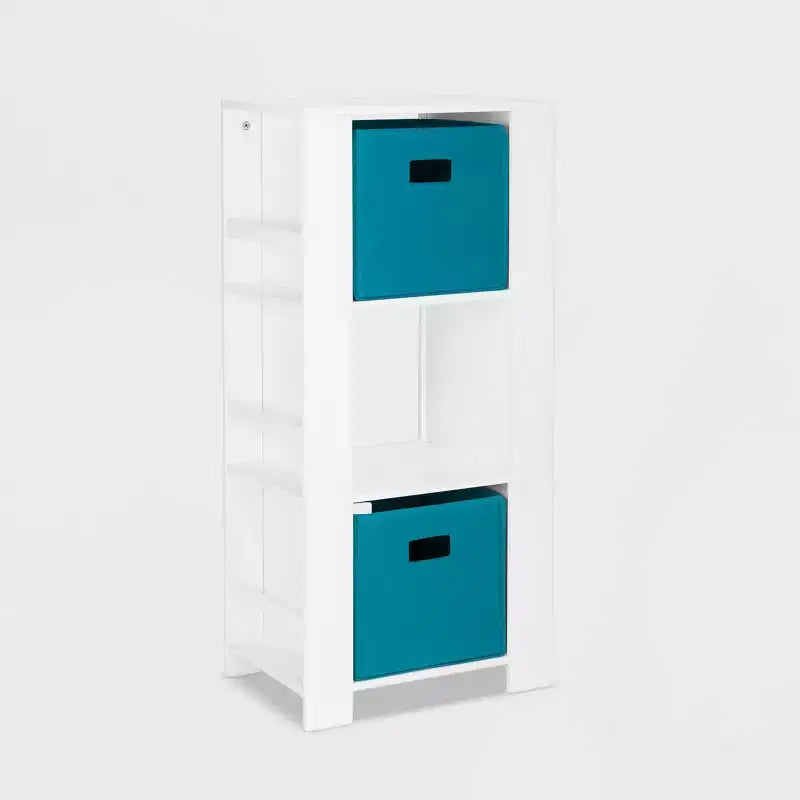 RiverRidge Kids' Bookshelf and Toy Organizer Tower with 3 Cubbies and 6 Bookracks White with 2 Fabric Bins